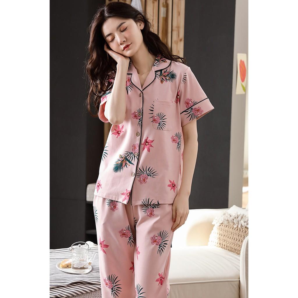 Đồ Bộ Pijama cộc tay chất vải cotton 100% tự nhiên thoáng mát, tông hồng cực kỳ tôn da, họa tiết hoa lá trẻ trung