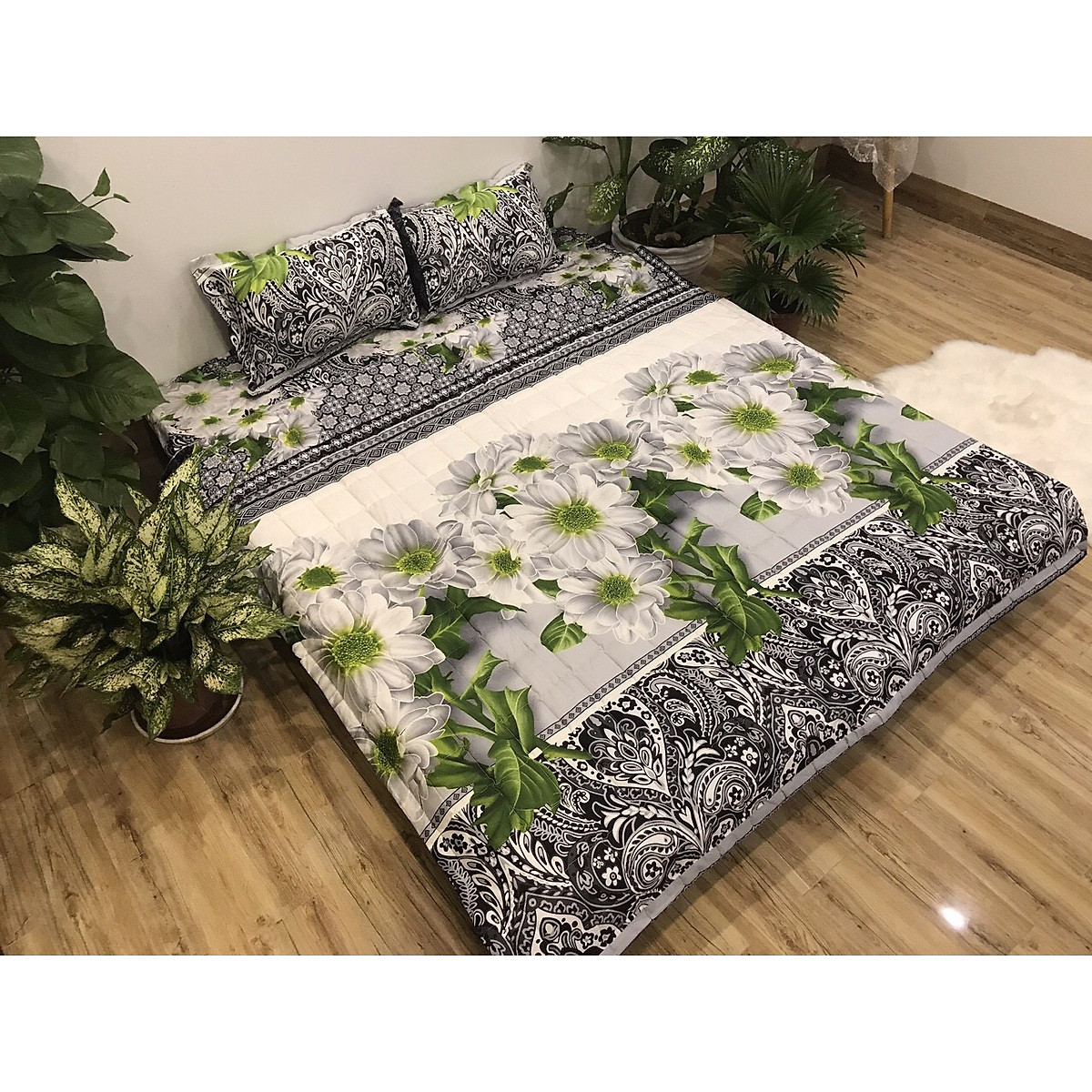 Bộ 5 món chăn ga vỏ gối Cotton Poly Hoa Đá 3D - Tặng 10 chiếc chun