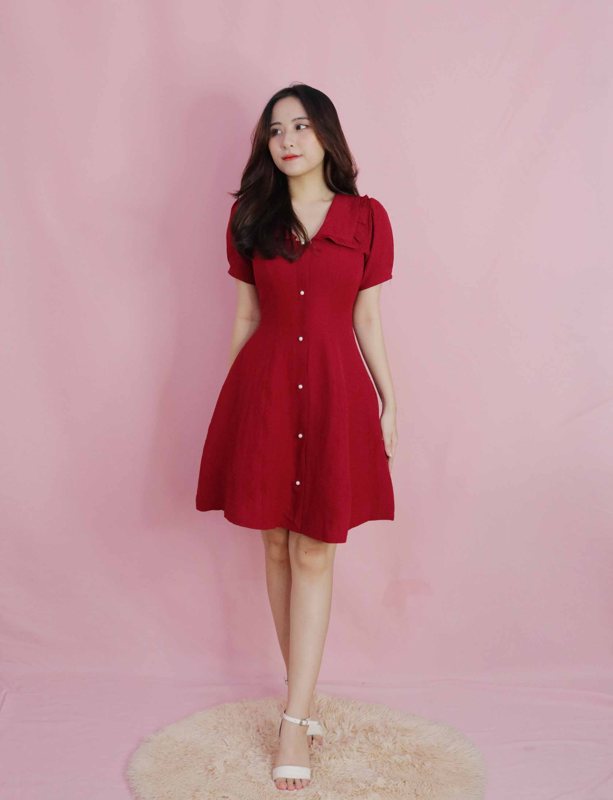 Đầm đỏ dự tiệc dáng xòe cổ v thanh lịch thiết kế cao cấp thời trang công sở đi tiệc đi làm eo tôn dáng