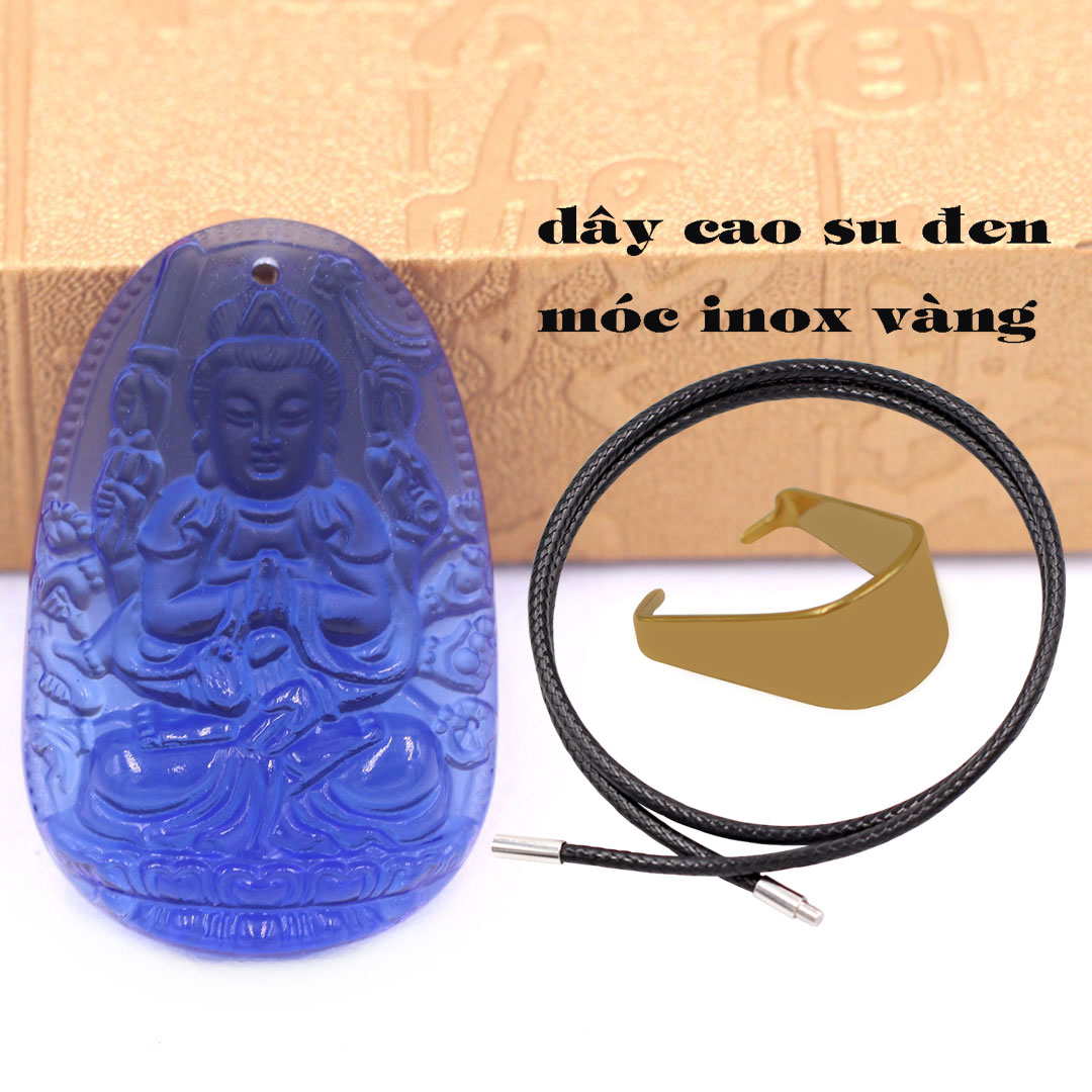 Mặt Phật Thiên thủ thiên nhãn thuỷ tinh xanh dương 3.6 cm kèm móc và vòng cổ dây cao su đen, Mặt Phật bản mệnh, Quan âm nghìn tay nghìn mắt