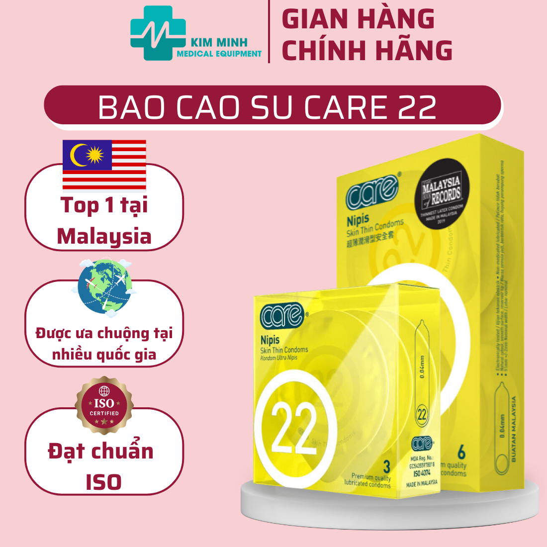 Bao cao su siêu mỏng Care 22 truyền nhiệt nhanh, nhiều gel, cao cấp cảm giác chân thật hộp 3, 6 chiếc