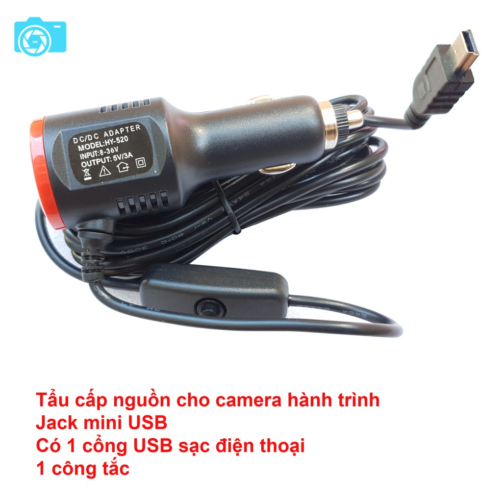 Tẩu cấp nguồn cho camera hành trình, có công tắc, 1 cổng USB sạc điện thoại, loại chân MINI USB