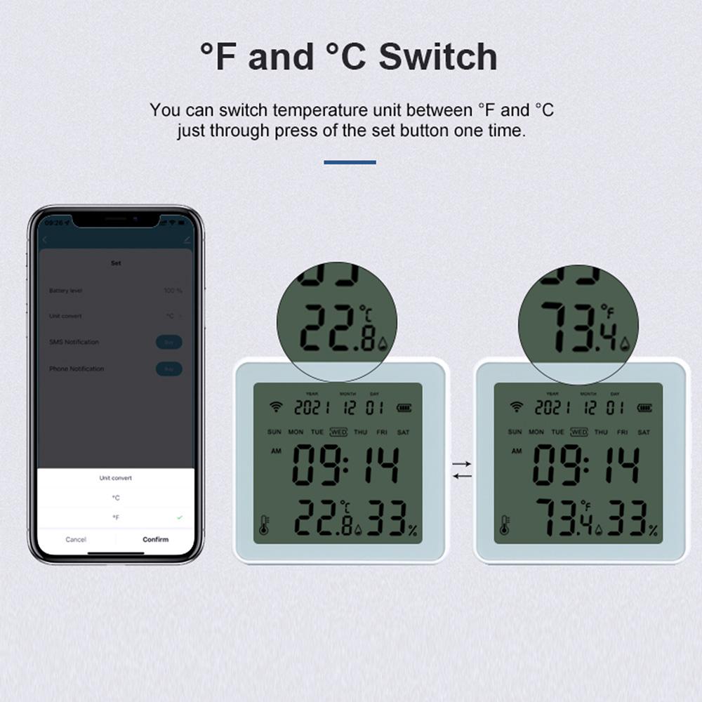 WiFi Smart Temperature Humidity Sensor Tuya APP Remote Control with LCD Screen High Accuracy TandH Sensor ℃/℉ Switchable