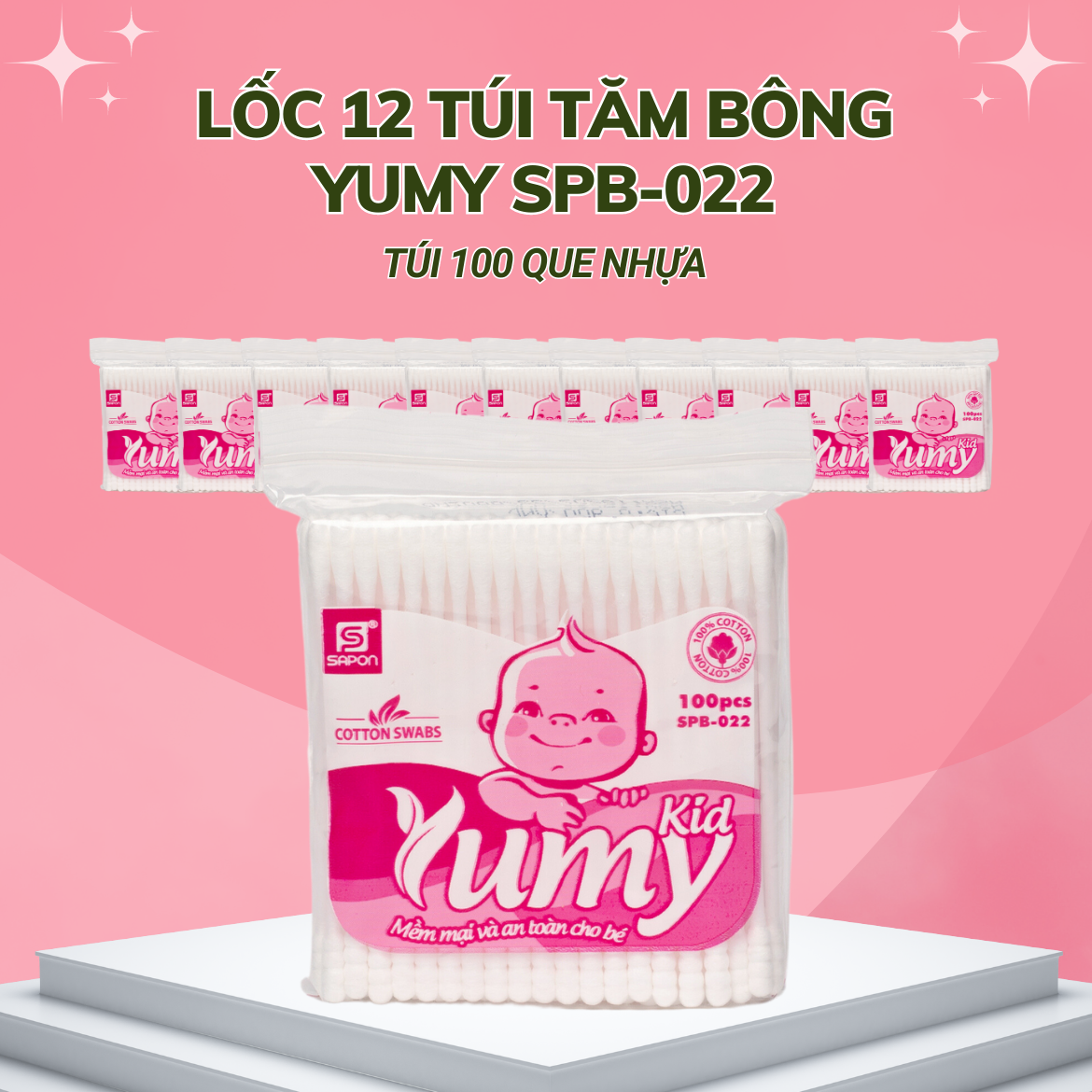 Lốc 12 gói Tăm bông Yumy trẻ em thân nhựa túi 100 que SPB-022