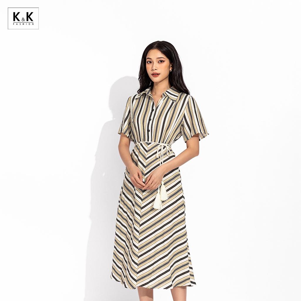 Đầm sơ mi công sở dáng xòe thắt eo K&amp;K Fashion KK150-18 Chất Liệu Linen Pure