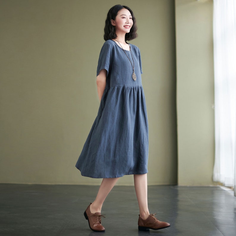 Đầm linen nữ ngắn tay dáng suông, form rộng che khuyết điểm, thiết kế cơ bản dễ mặc Đũi Việt