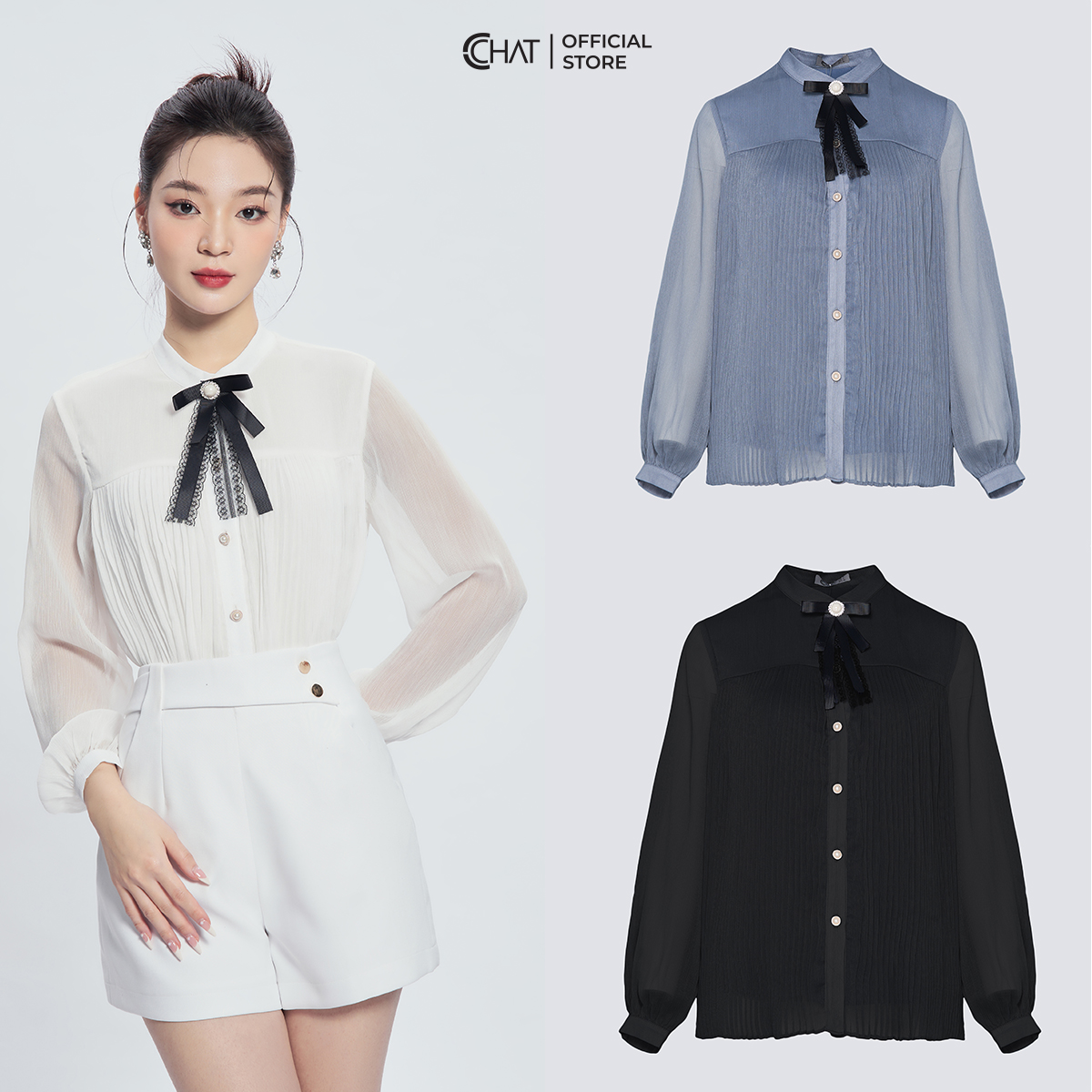 Áo Sơ Mi Nữ  Dập Ly Thân Tay MS Phối Nơ Cổ Chất Voan Cao Cấp 53FDV2011ST
