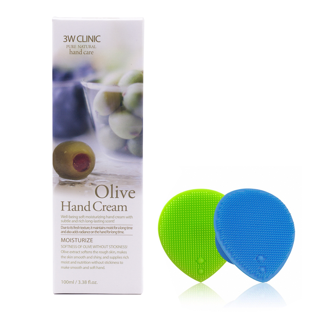 Kem dưỡng da tay Olive Hàn Quốc cao cấp 3W Clinic Olive Hand Cream (100ml) + Tặng Dụng Cụ Rửa và Massage Mặt Silicon Mềm Dẻo Hàn Quốc Suri Facial Cleansing Fad – Hàng Chính Hãng