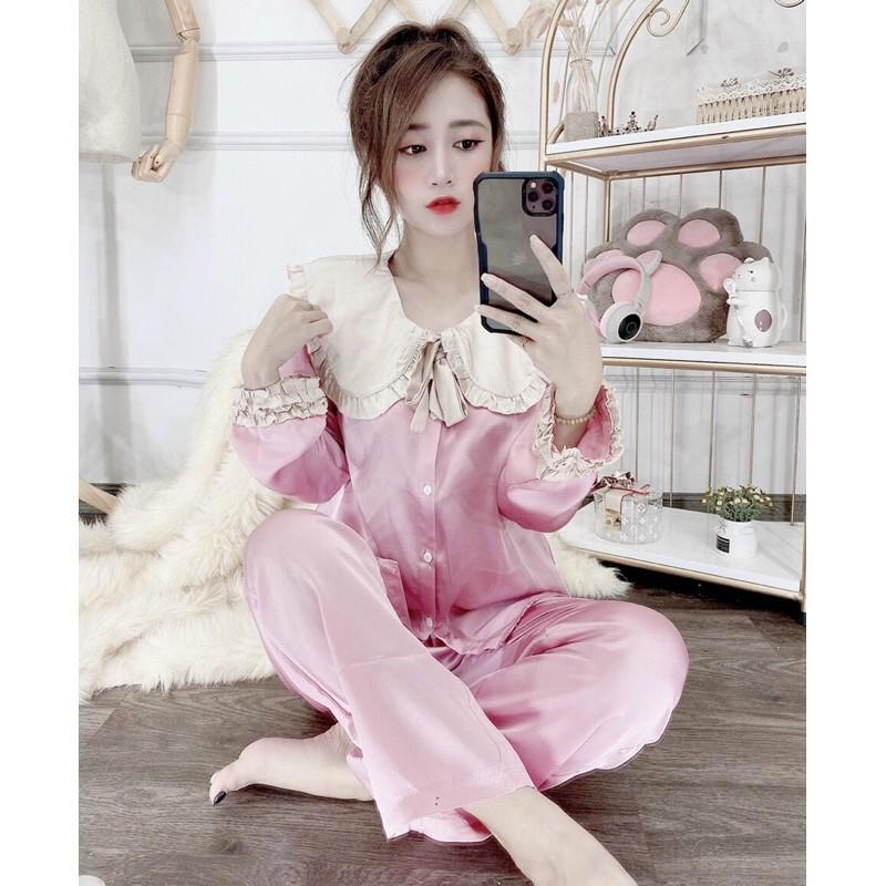 Bộ pijama dài tay, Đồ bộ ngủ mặc nhà dài tay lụa satin cao cấp, cổ phối bèo nơ tiểu thư