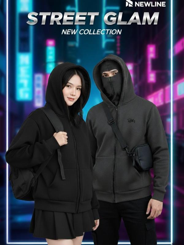 Bộ Áo Hoodie Balaclava, Hoodie zip Thiết Kế  2 mũ Độc Đáo, trùm kín đầu, Chống nắng cực tốt Fom Unisex Nam Nữ. - Áo Đen