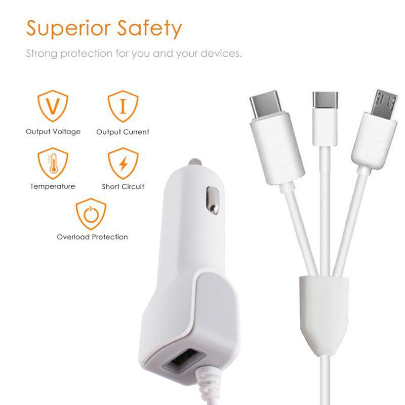 Bộ sạc xe hơi nhanh 3 trong 1 Bộ chia bộ sạc USB cho iPhone Micro USB điện thoại Android Type C