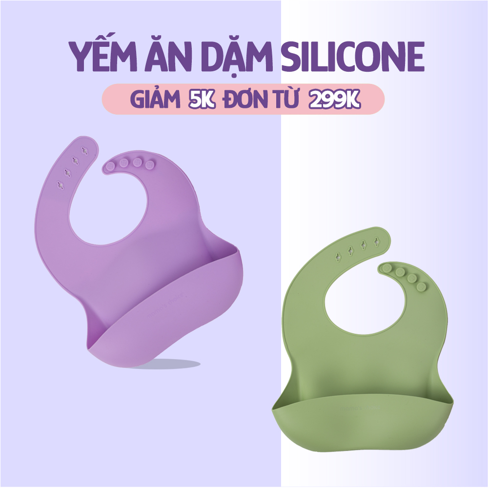 Yếm Ăn Dặm Silicone Mama's Choice Cao Cấp, Thiết Kế Đặc Biệt với Máng Chắn Thức Ăn và Nấc Điều Chỉnh Phù Hợp Với Bé