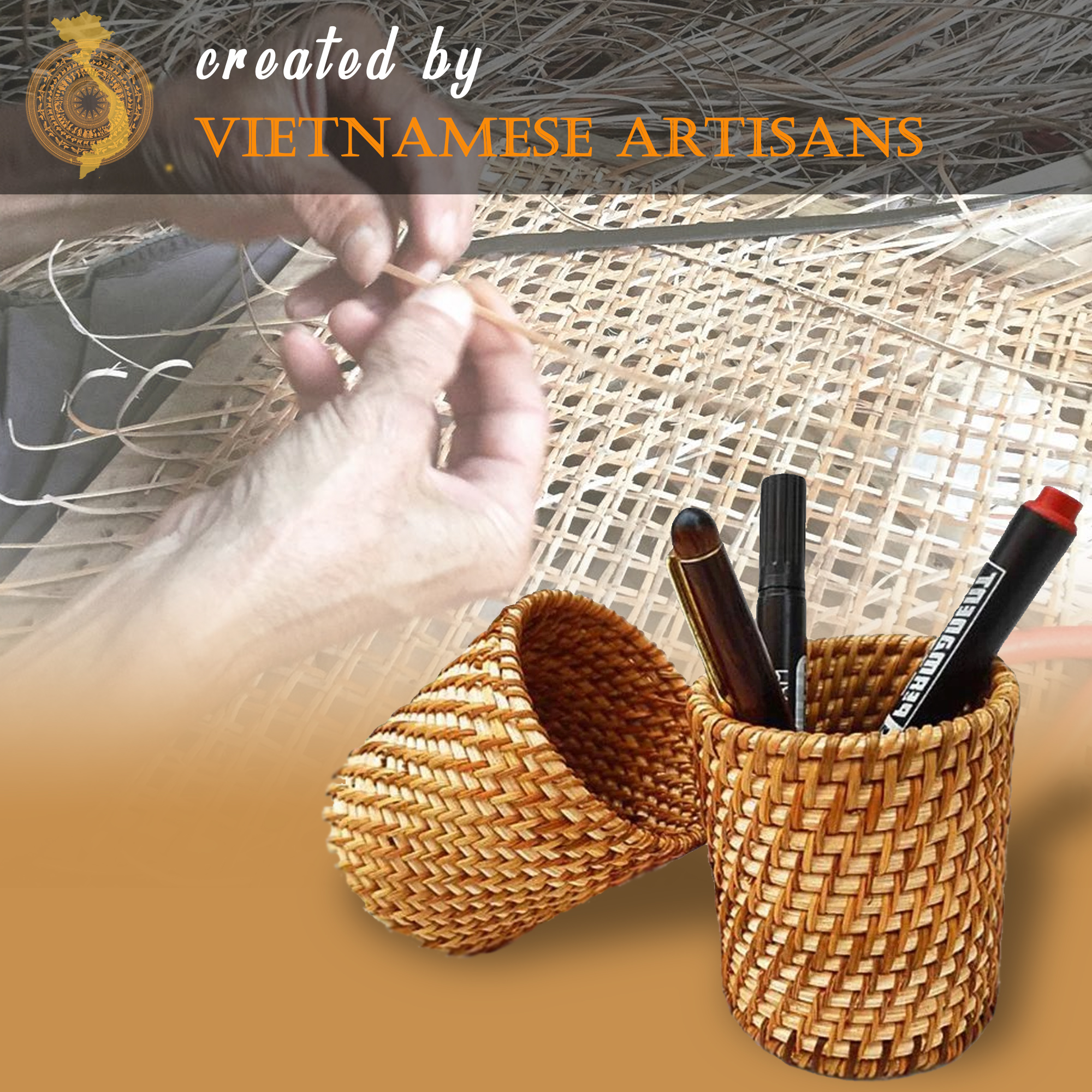 Ống cắm bút bằng mây đan thủ công (APH07), dụng cụ đựng bút để bàn bằng nguyên liệu thiên nhiên thân thiện môi trường