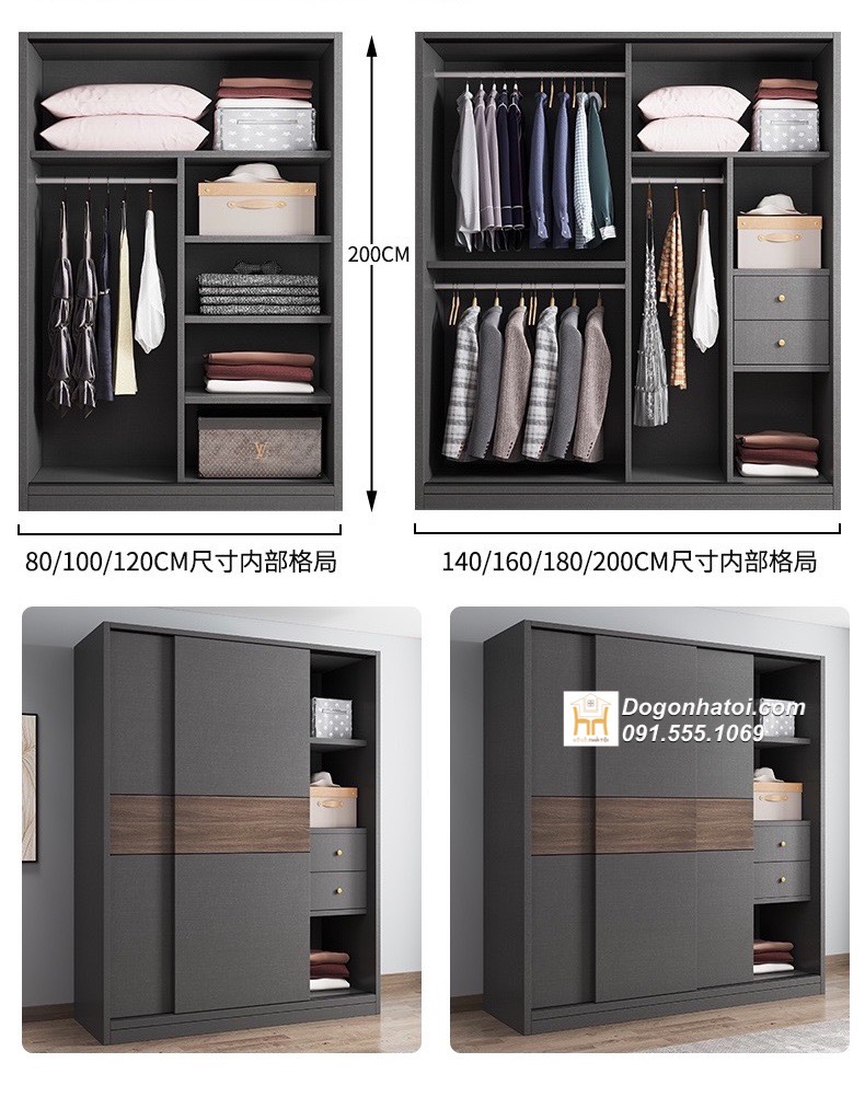 Tủ quần áo kéo ngang gỗ mdf giá rẻ C2m4 x D1m7 - TA234