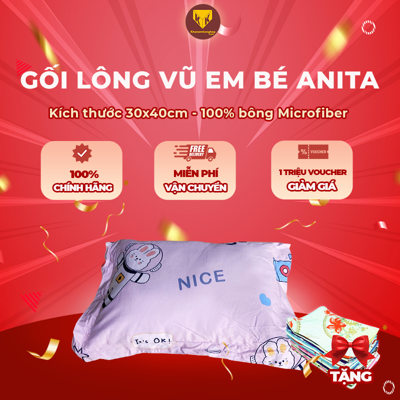 Gối trẻ em lông vũ Anita Cao cấp với chất liệu vải ngoài Cotton an toàn, mềm mại và ĐẶC BIỆT thấm hút mồ hôi tốt, mang đến cho bé một giấc ngủ thật ngon - Tặng kèm áo gối may