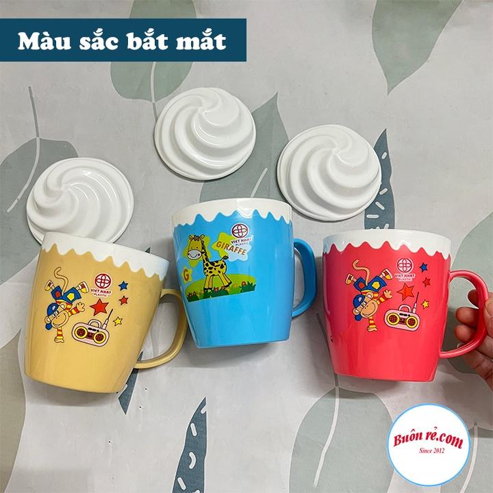 Cốc kem Việt Nhật nhiều họa tiết, Ly kem kèm nắp có quai cầm