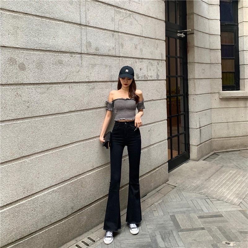 Quần jean Skinny Nữ Ống Loe Đen Trơn, Co giãn 4 chiều, cạp cao tôn dáng