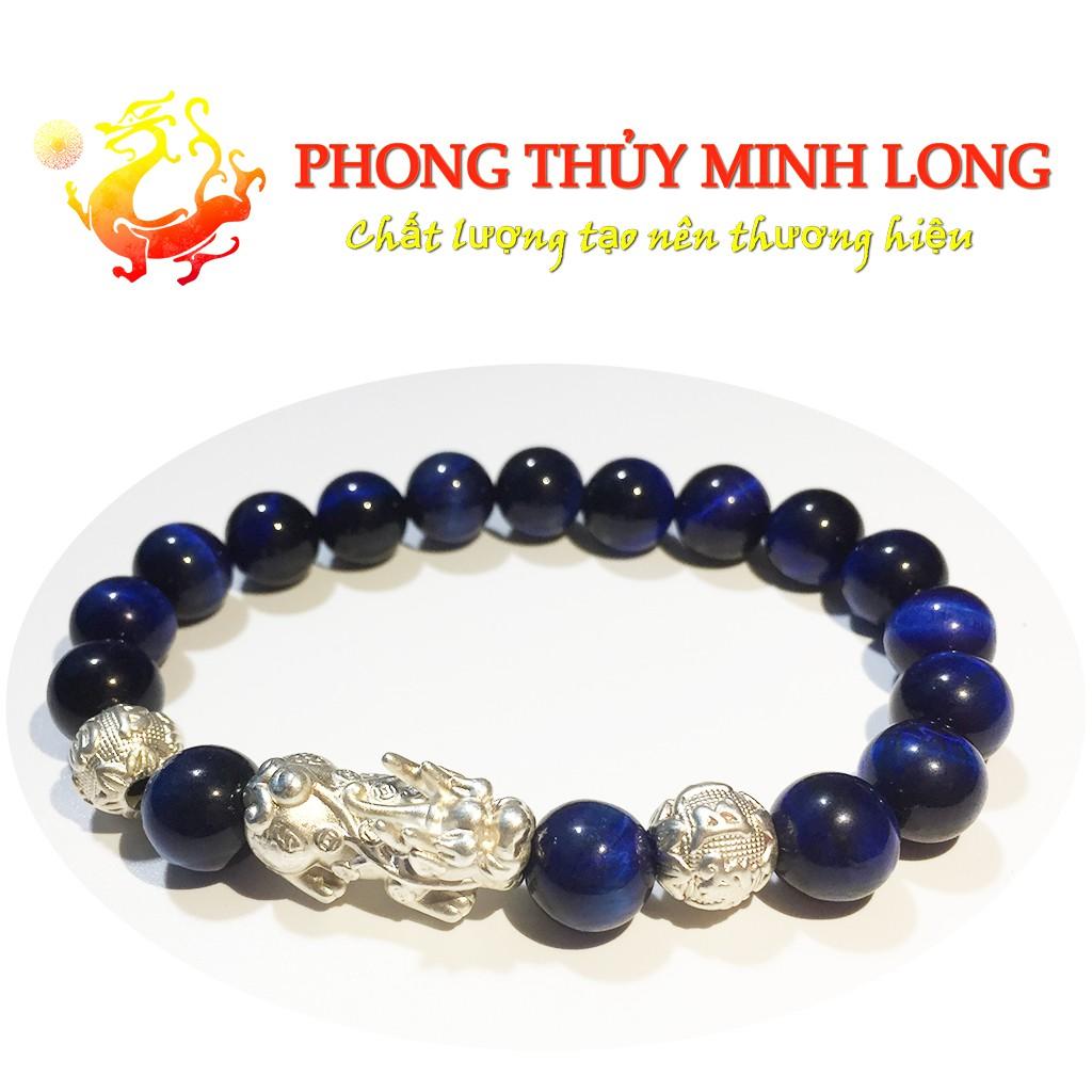 Vòng tay đá Mắt Hổ Xanh Dương 5A mix tỳ hưu và 2 hạt Bạc hợp mệnh Thủy và Mộc