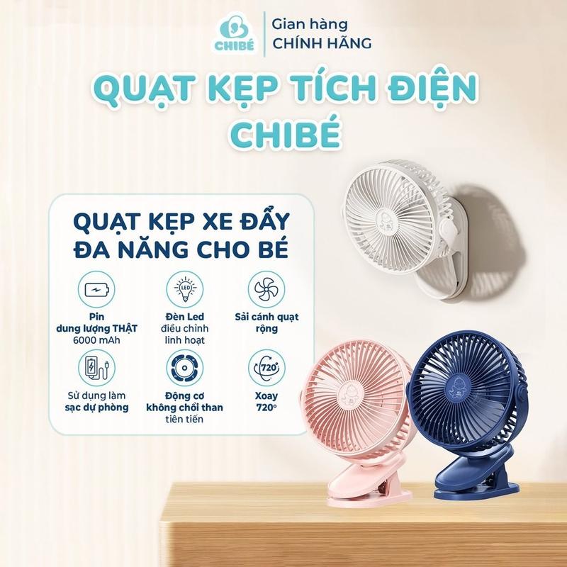 Quạt tích điện mini Chibe - Quạt kẹp xe đẩy cho bé siêu mát xoay 720 độ Hàng Chính Hãng
