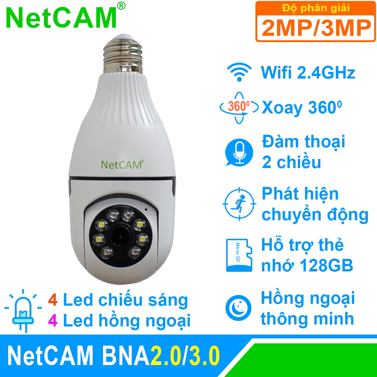 Camera IP WiFi Giám Sát An Ninh NetCAM BNA2.0 / 3.0, Quay quét 360 độ, Độ phân giải 2.0MP và 3.0MP - Hàng Chính Hãng