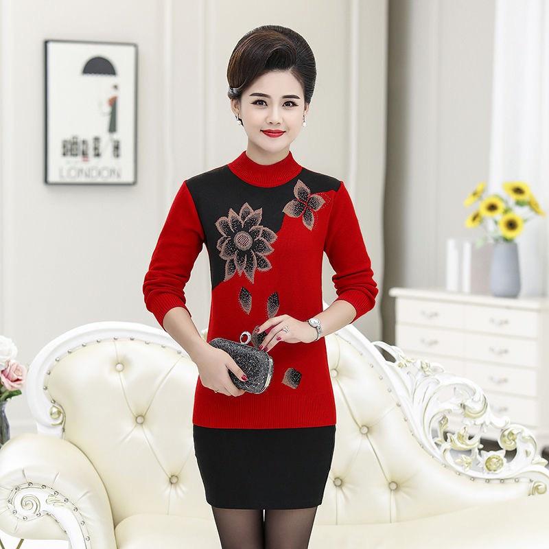 Áo len trung niên cổ cao phối họa tiết hoa sen_áo ấm thu đông cho bà cho mẹ