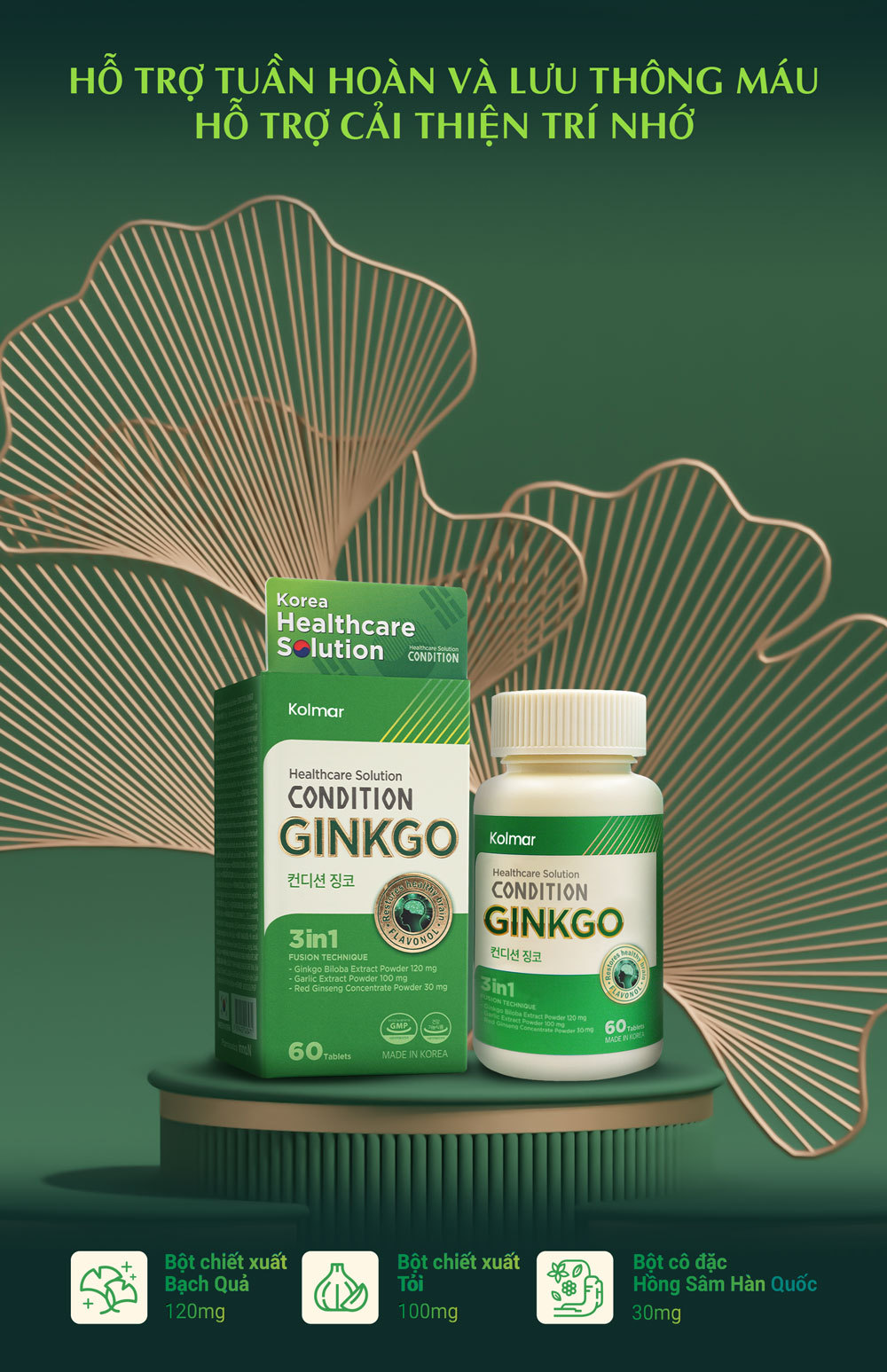 Thực phẩm bảo vệ sức khỏe CONDITION GINKO Hỗ trợ tăng tuần hoàn và lưu thông máu, hỗ trợ cải thiện trí nhớ - Hộp 60 viên uống