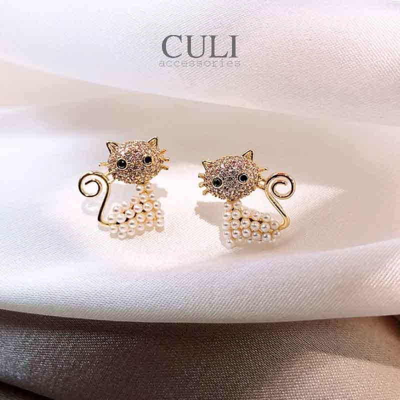 Khuyên tai, bông tai hình mèo đính đá cute, độc đáo HT617 - Culi accessories