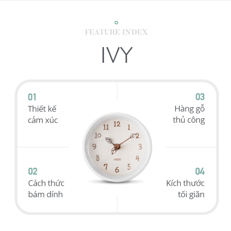 Đồng hồ Kim ARIZE IVY Clock - Hàng Gỗ Thủ Công - Khả Năng Bám Dính Kể Cả Môi Trường Ẩm Ướt