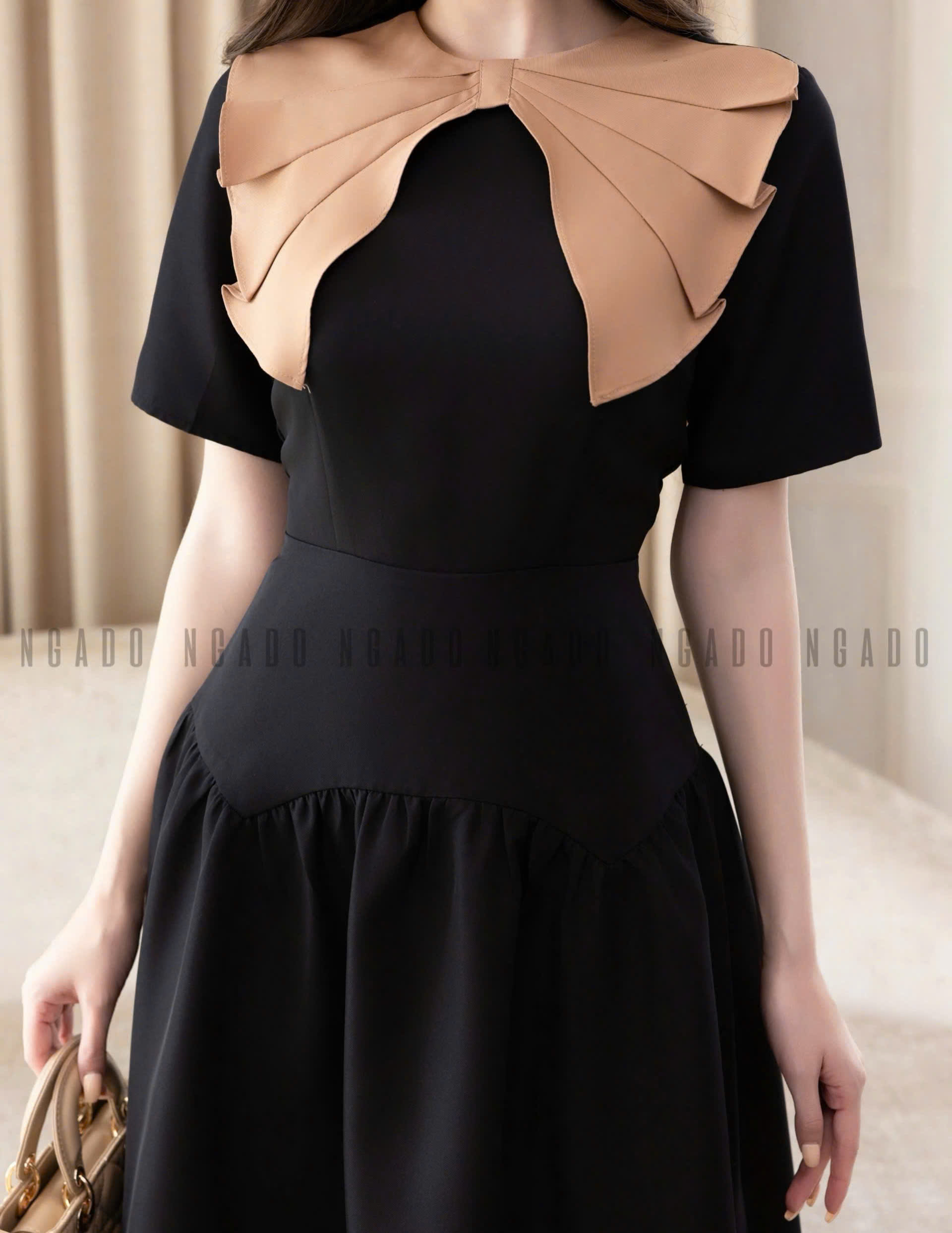 Đầm đen cổ nơ nâu NGADO , đầm kiểu , đầm dự tiệc , đầm công sở