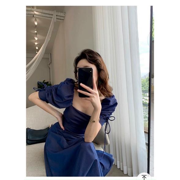 Đầm midi xanh navy tay rút phồng