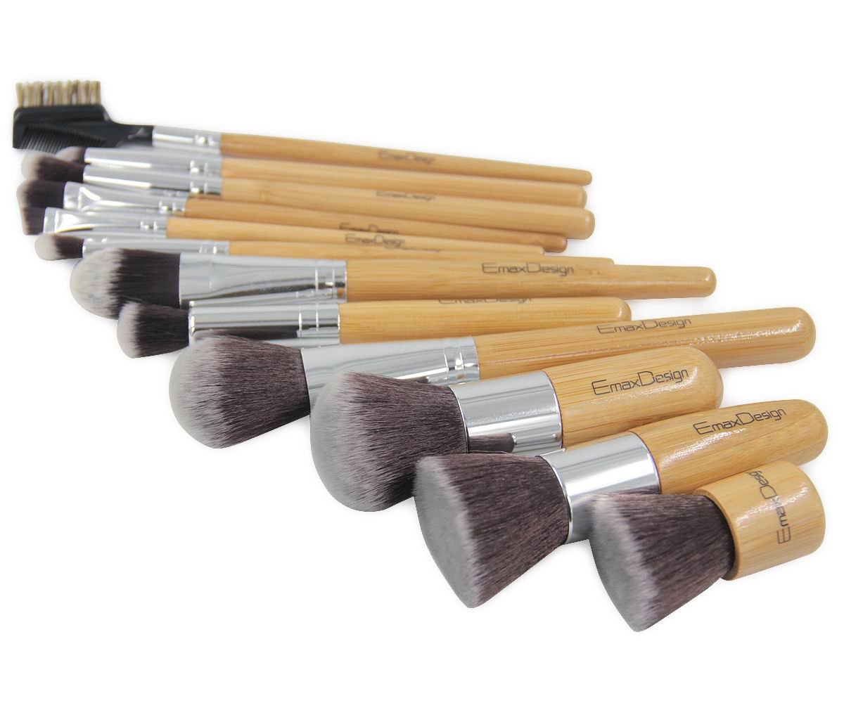 TÚI 12 CỌ TRANG ĐIỂM CHUYÊN NGHIỆP - SỢI KABUKI - CÁN TRE EmaxDesign 12 Pieces Makeup Brush Set Professional