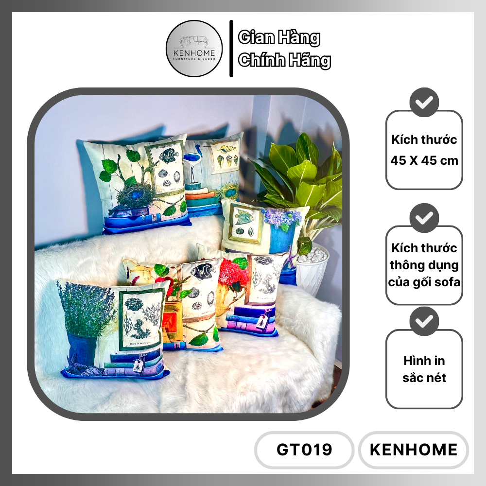 Gối Sofa Họa Tiết Trang Trí Phòng Khách - KENHOME - Gối Tựa Lưng Sofa Phong Cách Địa Trung Hải Cổ Điển - Chất Liệu Vải Bố - Kích Thước 45x45cm