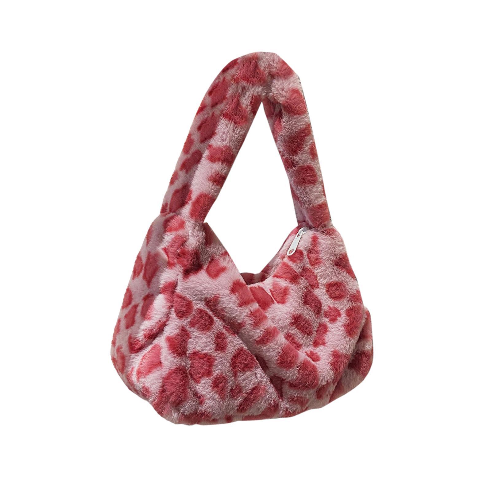 Fashion Plush Shoulder Bag Lady Casual Tote Underarm Bag Lightweight Small Purse Leopard Pattern Handbag for Travel Work