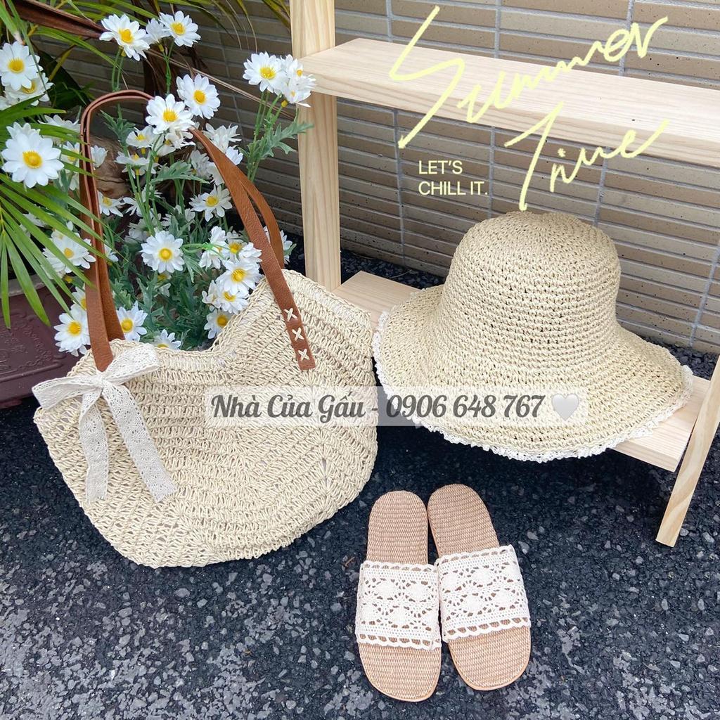 Túi cói tròn dây da form to mix nơ ren phải nói xinh xỉu luôn í