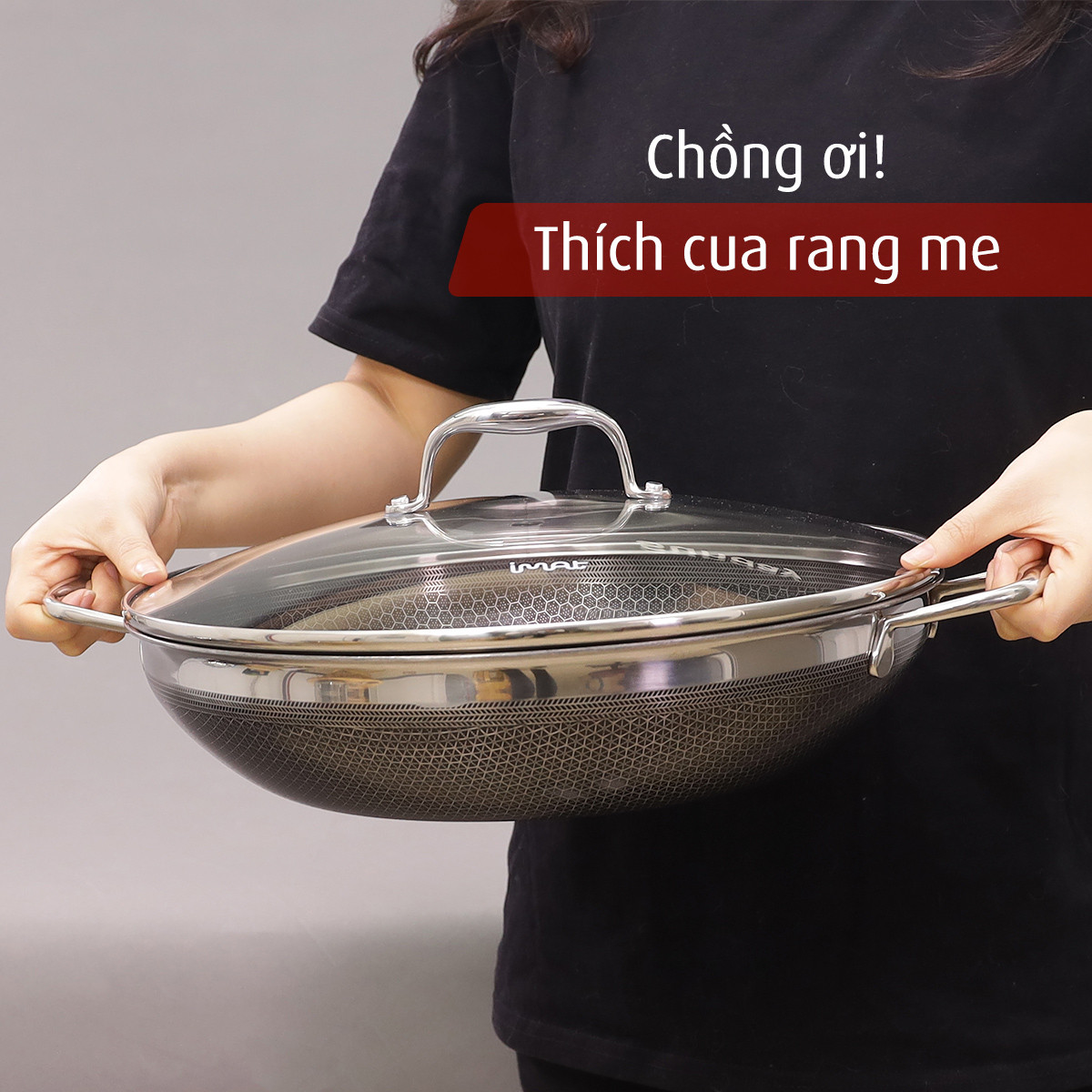 Chảo xào iNox Blackcube iMat 32cm, Tay cầm 2 bên, nắp kính cường lực.