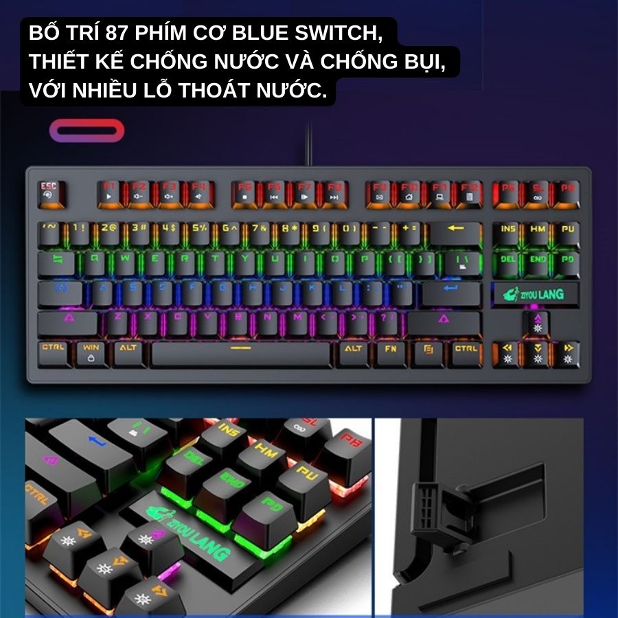 Bàn phím cơ máy tính ZIYOULANG K2 - Bàn phím gaming công thái học cơ blue switch 87 phím Led RGB chế độ đổi màu đẹp - Hàng nhập khẩu