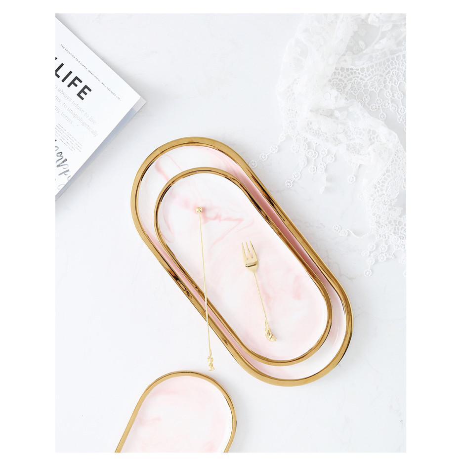 Khay oval nhỏ gốm sứ cao cấp màu hồng vân đá viền vàng sang trọng MARBLE 5271HS