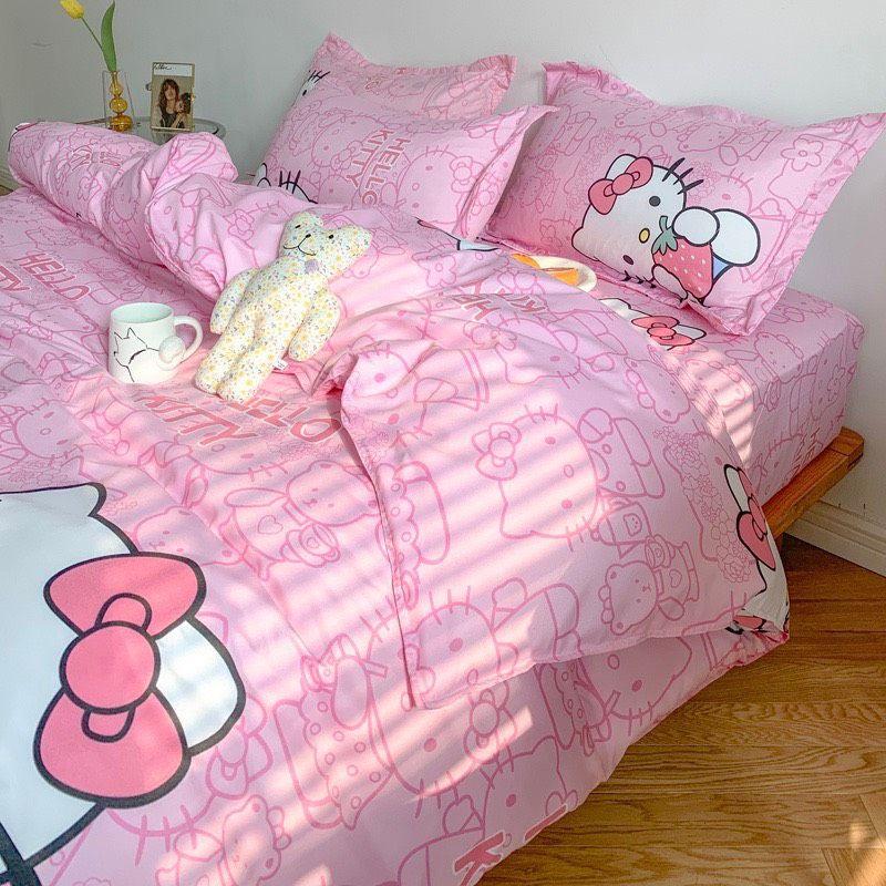 Bộ chăn ga gối Kitty hồng Cotton Poly cao cấp LEEBedding, chăn ga Hàn Quốc, miễn phí bo chun ga giường theo yêu cầu