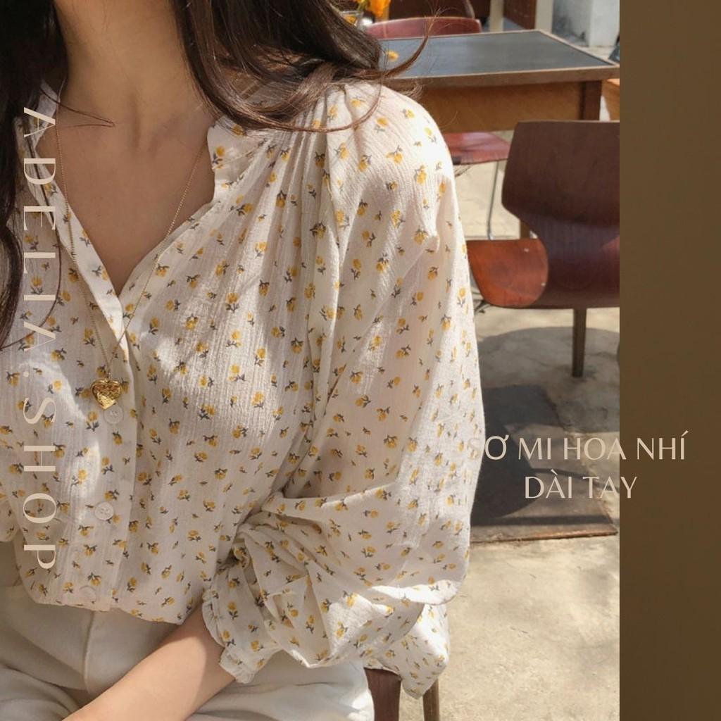 Áo sơ mi hoa nhí dài tay viền bèo thời trang Hàn Quốc, Áo sơ mi họa tiết hoa nhí cực xinh ngày hè