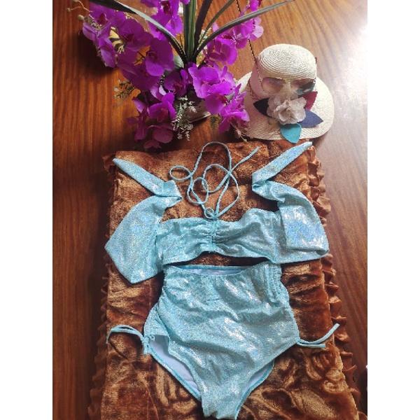 bikini đồ bơi đi biển màu xanh ngọc kim tuyến kem hình anh thật