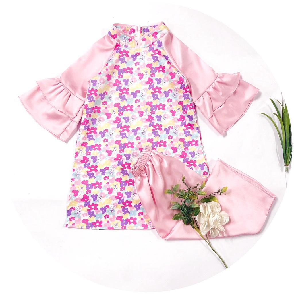 Set áo dài bé gái màu hồng hoạ tiết hoa và chú thỏ đáng yêu kèm quần MamLa