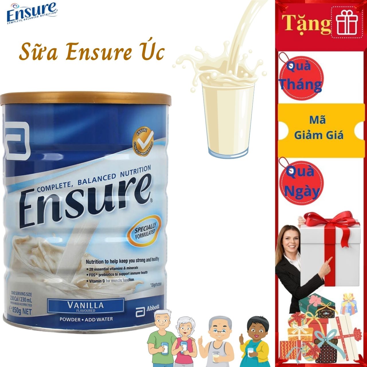 Sữa bột Ensure  Vanila 850g, Nội Địa Úc Bổ Sung Dinh Dưỡng Cho Người Lớn Tuổi,, Mới Ốm Dạy, Có Thể Thay Thế Một Bữa Ăn, Tăng Cường Sức Đề Kháng và Hệ Miễn Dịch, Chắc Xương