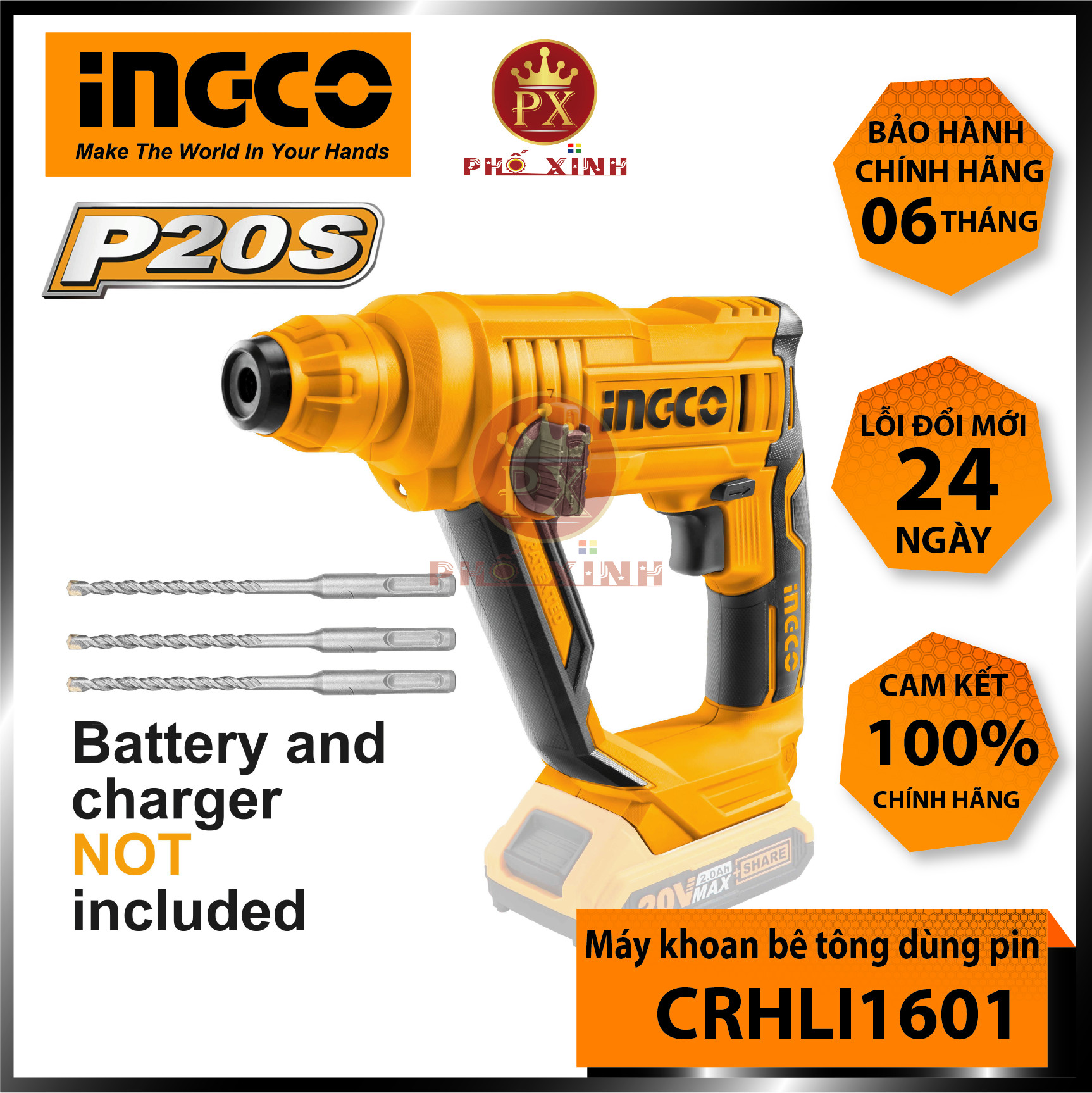 Máy khoan bê tông dùng pin 20V INGCO CRHLI1601 tốc độ 900rpm, tốc độ búa 5100bpm, khả năng khoan 16 mm, kèm mũi khoan