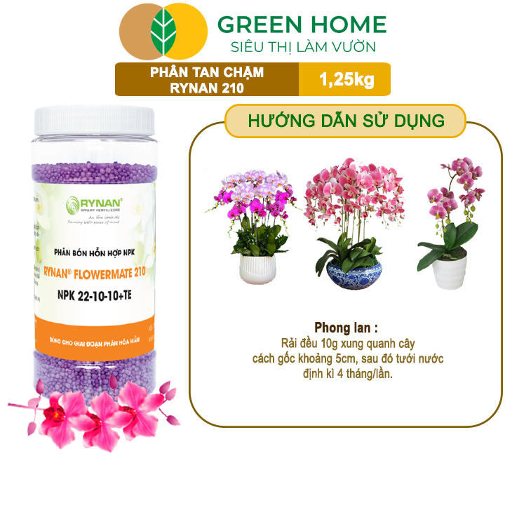 Phân Tan Chậm GreenHome, Rynan 210, Hũ 1,25kg, Dùng Cho Phong Lan Trưởng Thành, Đủ Dưỡng Chất