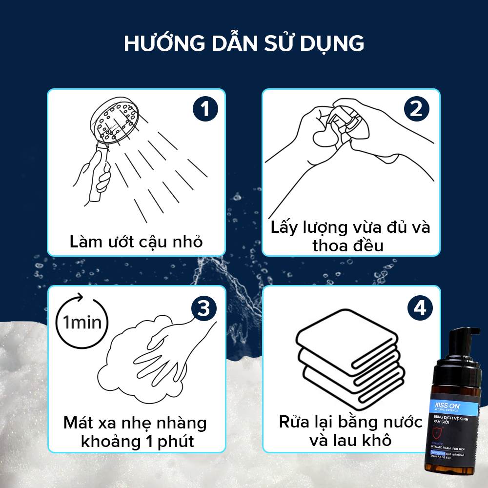 Dung dịch vệ sinh nam tạo bọt KISS ON giúp làm sạch, khử mùi hôi, ngăn vi khuẩn, nấm ngứa thành phần thiên nhiên JN-KI-VS01