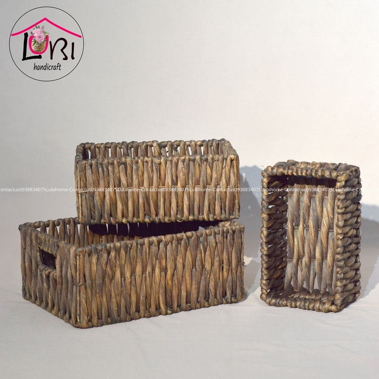 Sọt đựng đồ lục bình hình chữ nhật bộ 3 - màu nâu đan vặn dọc