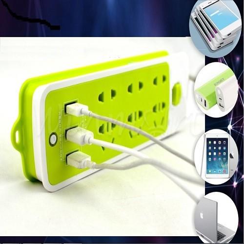 Ổ CẮM ĐIỆN XANH LÁ ĐA NĂNG 9 CỔNG CHỐNG GIẬT TÍCH HỢP 3 CỔNG USB TIỆN LỢI