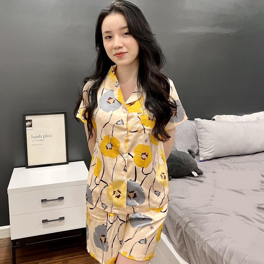Pyjama Lụa Họa Tiết - Chất Latin Hoa Cao cấp Chất đẹp Đường may chuẩn, Bộ cộc quần ngắn