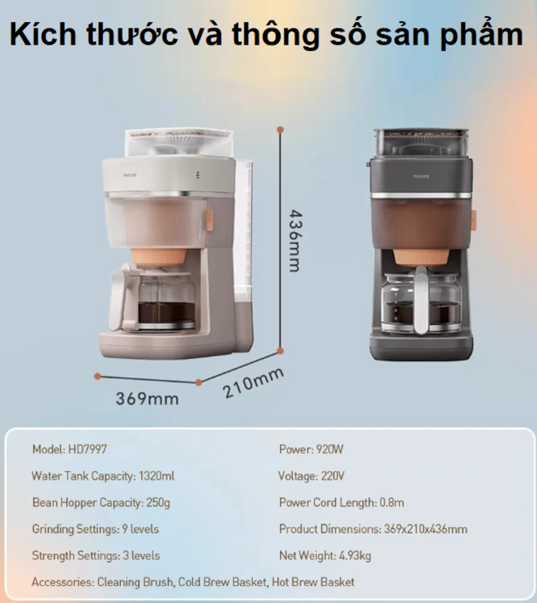 Máy pha cà phê nóng và lạnh Drip nhỏ giọt thương hiệu Hà Lan cao cấp Philips Morgen HD7997 920W - Hàng chính hãng