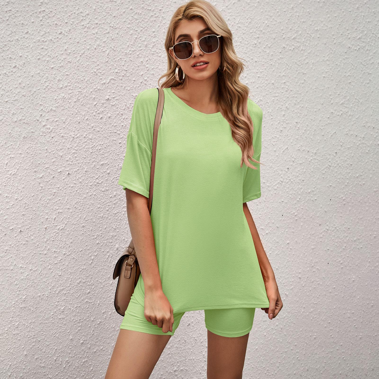Women Pajamas Set Ribbed O Neck Short Sleeve Tee Elastic Waist Shorts 2 Pieces Casual Loungewear Set Sleepwear